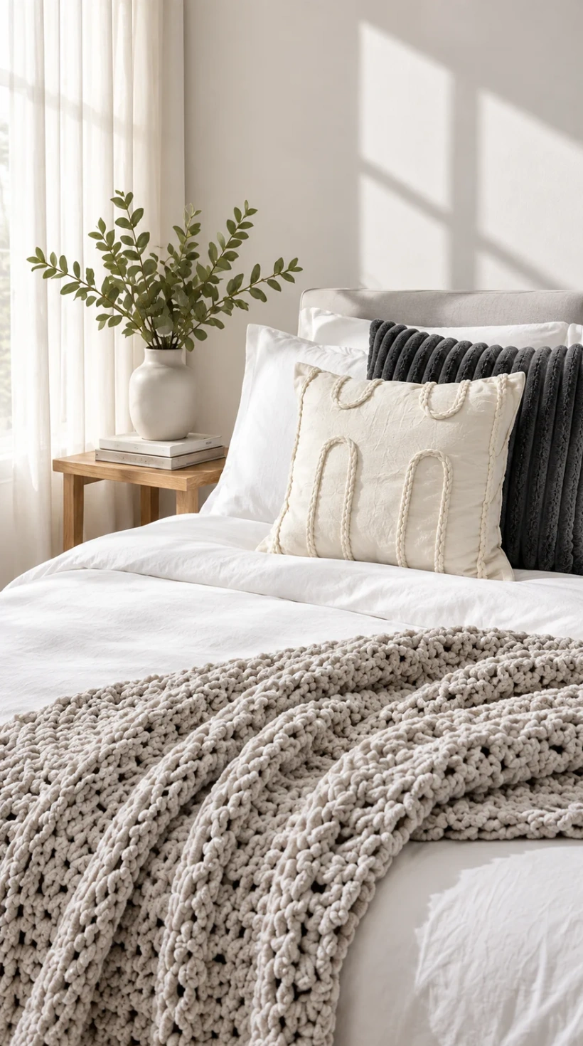 Pack Nüba con manta beige y dos almohadones sobre una cama