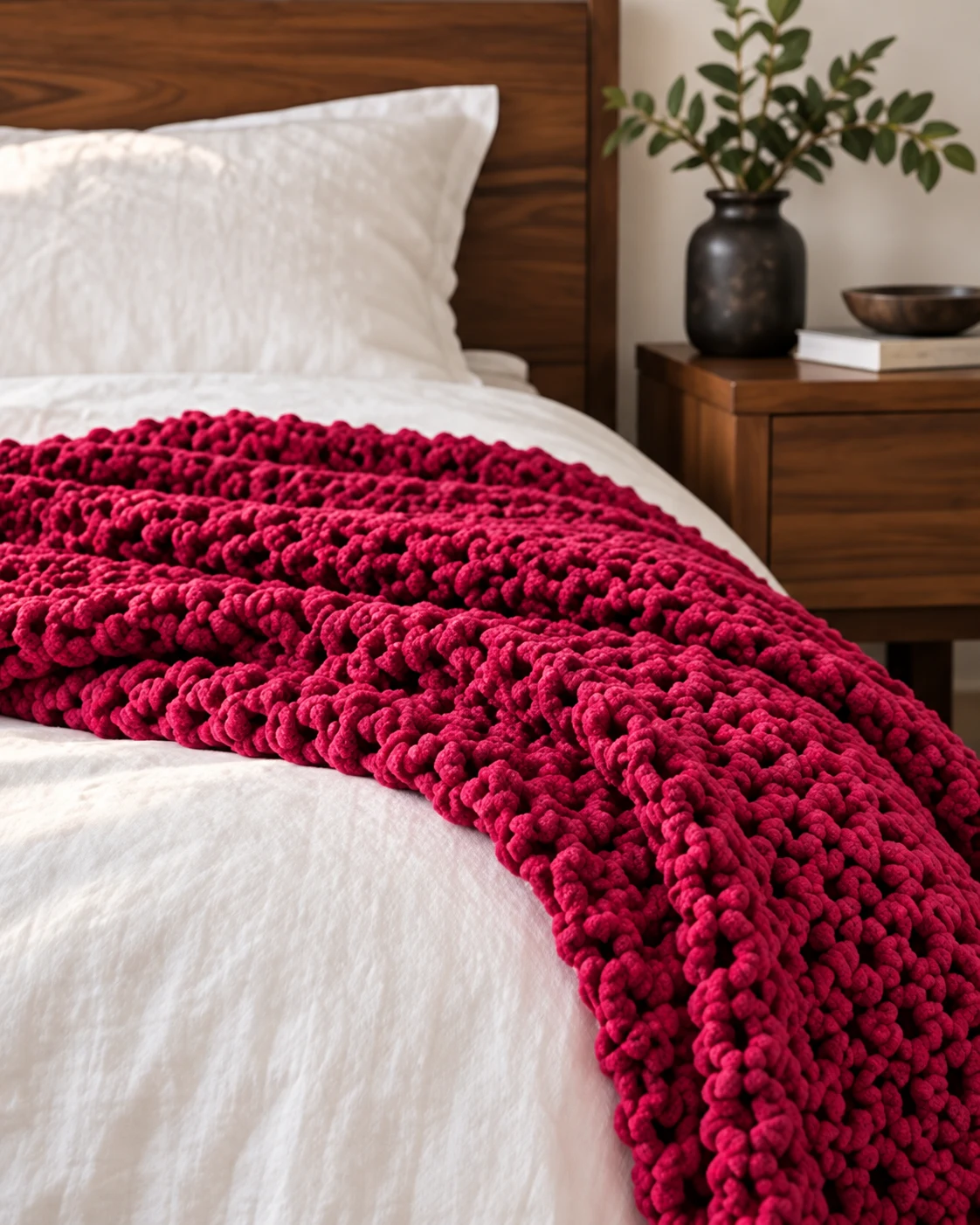 Manta Chenille XXL fucsia sobre una cama