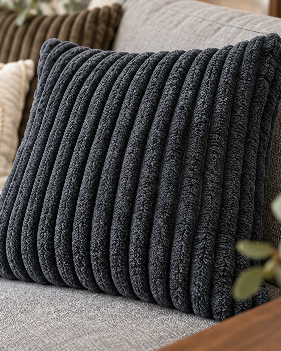 Almohadón de plush acanalado en tono oscuro sobre sillón